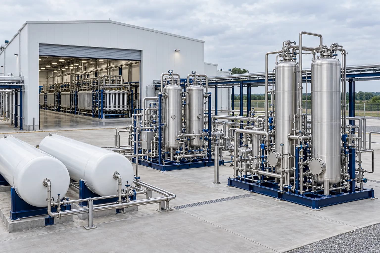Illustration of the balance of plant of a green hydrogen plant: gas–liquid separators, a purification skid and storage vessels in front of an electrolyser hall