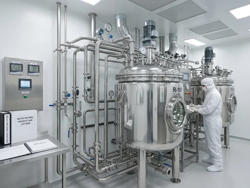 Illustration of stainless reaction vessels in a pharmaceutical plant