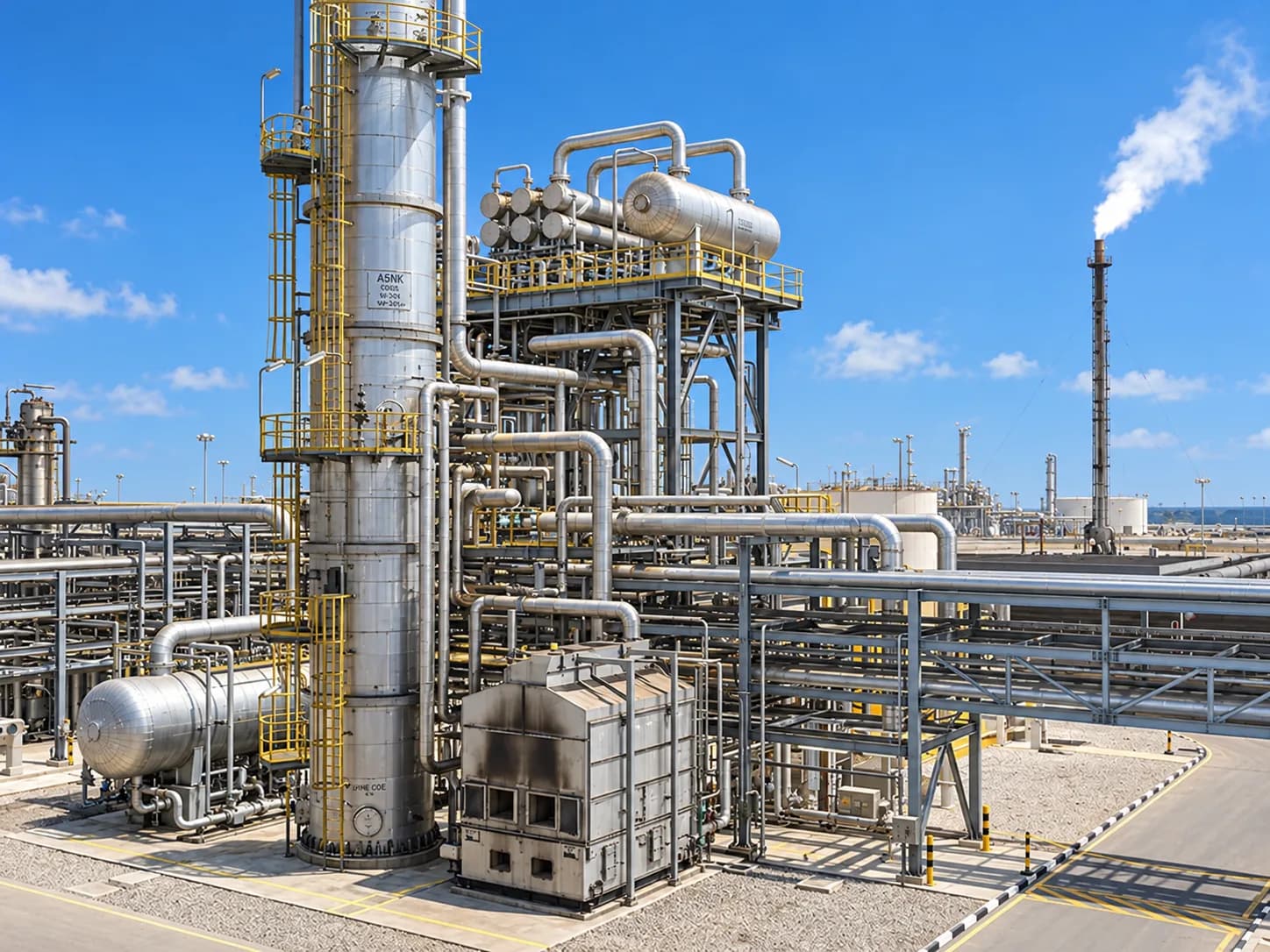 Illustration of distillation columns at a refinery